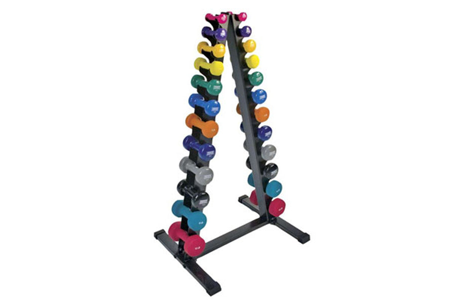 Warrior vertical dumbbell rack with black frame holding colorful neoprene and vinyl dumbbells in pink, purple, yellow, green,