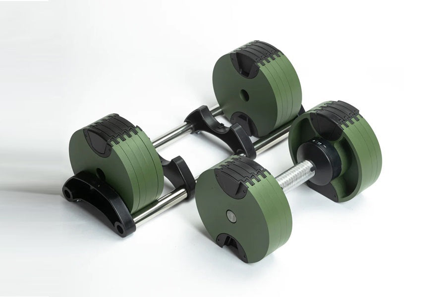 Pair of adjustable dumbbells with sage green weight plates and black handles, connected by metal bars on white background