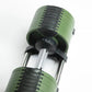 Adjustable dumbbells with green and black handles, chrome shaft, and weight dial marked up to 70 pounds, shown stacked on whi