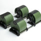Pair of sage green and black adjustable dumbbells with metal handles on white background