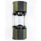 Olive green and black adjustable dumbbell with cylindrical weight plates and clear glass center section on white background