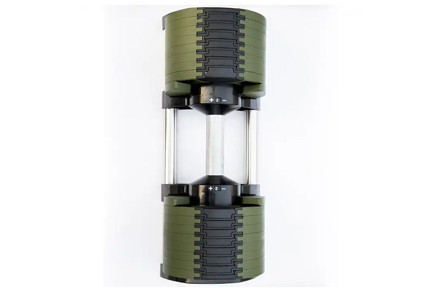 Olive green and black adjustable dumbbell with cylindrical weight plates and clear glass center section on white background