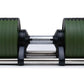 Pair of adjustable dumbbells with green rubber plates and black caps, chrome handle, on white background