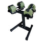 Pair of sage green and black adjustable dumbbells on black stand, flat lay on white background