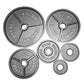 Cast iron Olympic weight plates in various sizes ranging from 10 lbs to 45 lbs, displayed on white background