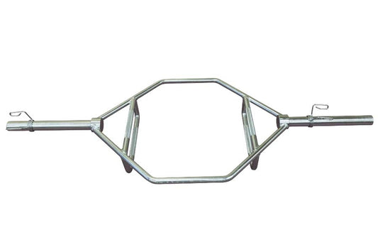 Warrior Chrome Olympic Hex Bar with angled grip handles and rotating sleeves on white background