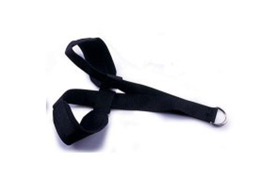 Black padded tricep strap with adjustable velcro closure and metal D-ring, shown on white background