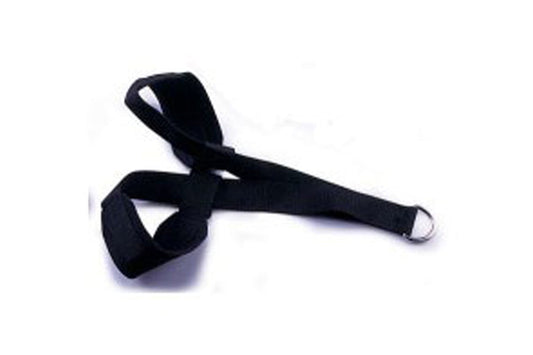 Black padded tricep strap with adjustable velcro closure and metal D-ring, shown on white background