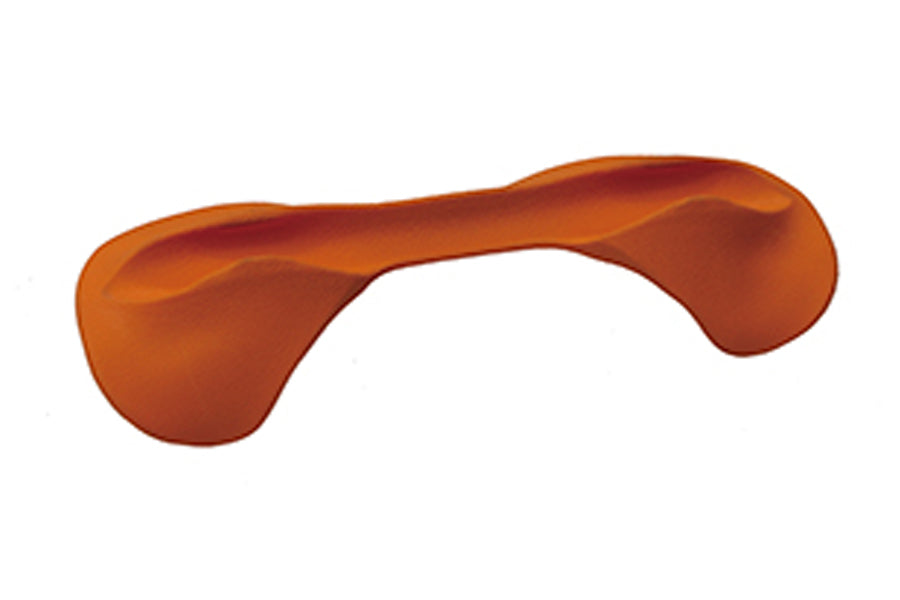 Burnt orange curved plastic squat pad with padded shoulders and tapered center bar, shown on white background