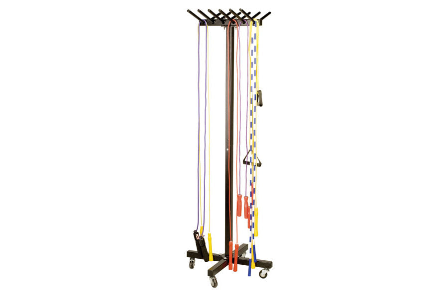 Portable jump rope rack with black metal frame, wheeled base, and hanging pegs displaying multiple colorful jump ropes on whi