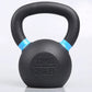 Black powder-coated kettlebell with blue accent bands on handle, 12kg/26lb weight marking, on white background