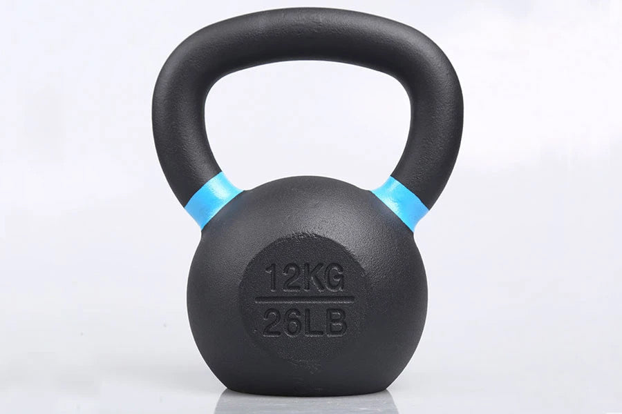 Black powder-coated kettlebell with blue accent bands on handle, 12kg/26lb weight marking, on white background