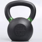 Black powder-coated kettlebell with green accents, 14kg weight marking, cast iron handle on white background