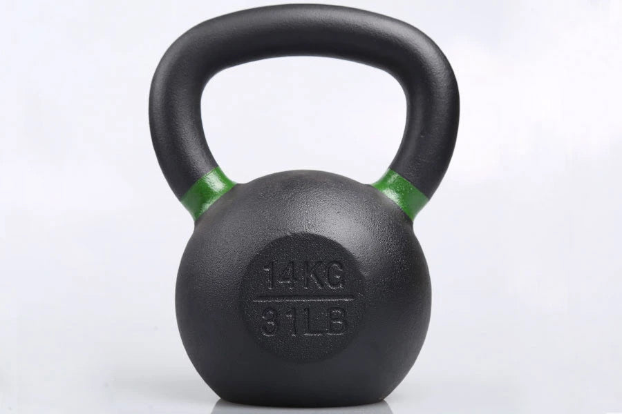 Black powder-coated kettlebell with green accents, 14kg weight marking, cast iron handle on white background