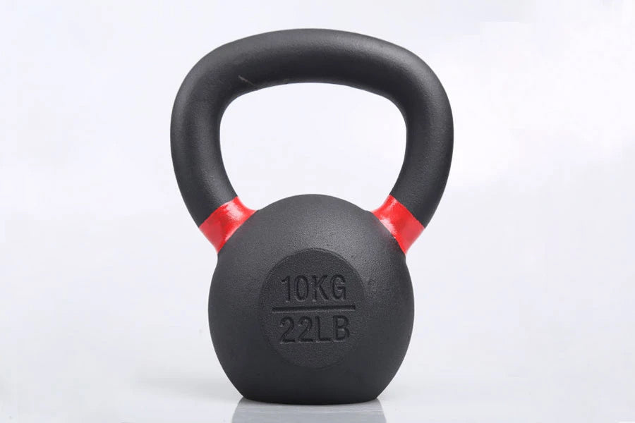 Black powder-coated kettlebell with red accents and handle, marked 10kg 22lb, on white background