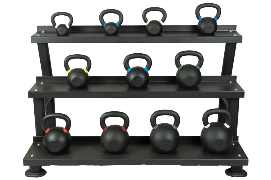 Three-tier black powder-coated kettlebell rack holding eleven kettlebells with gray handles on white background