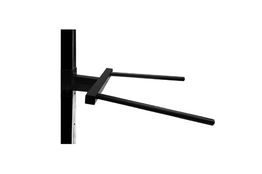 Black steel dip attachment with angled arms mounted to vertical pole, displayed on white background