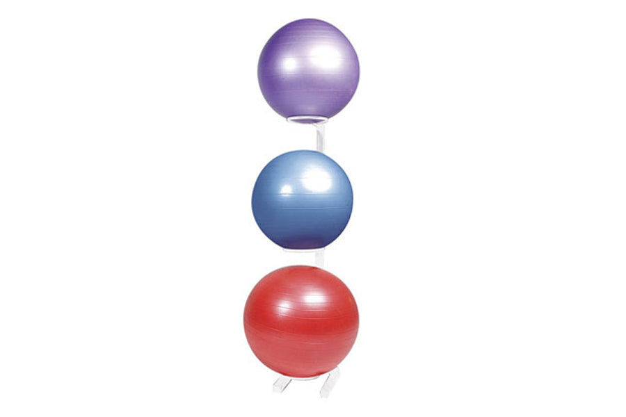 Warrior Premium Stability Ball Rack holding three exercise balls in purple, blue, and red stacked vertically on white backgro