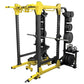 Yellow and black power rack with cable attachment, weight plate storage, and dumbbell rack on white background