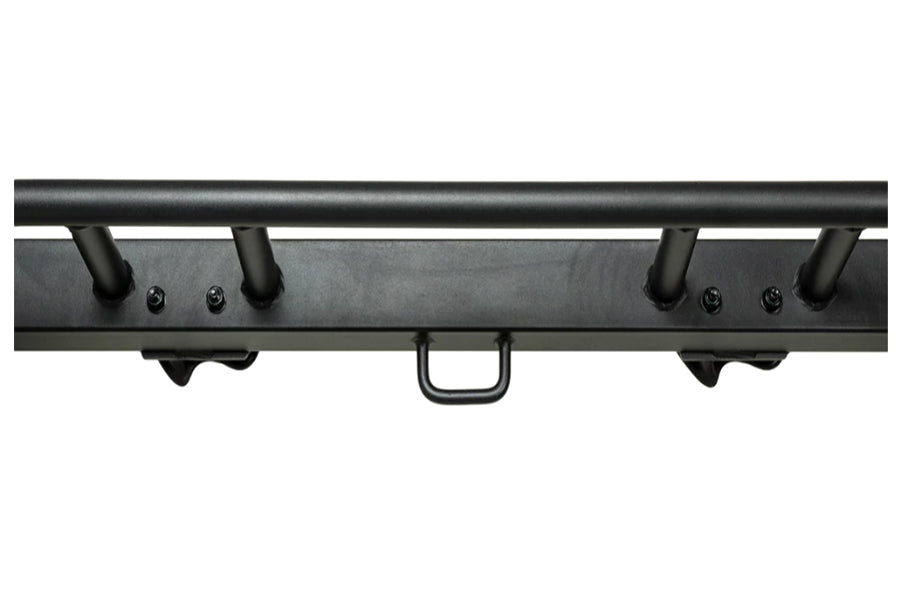 Black steel power rack top rail with four upright posts, attachment hooks, and center handle, flat lay on white background