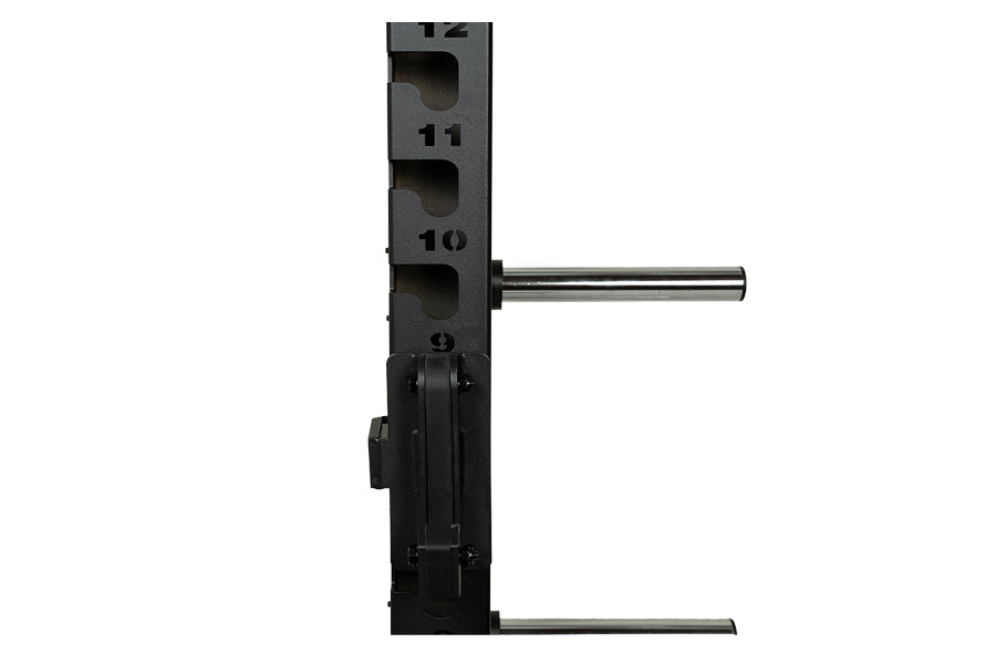 Black power rack with numbered weight plate storage slots, metal pins, and adjustable safety bars on white background