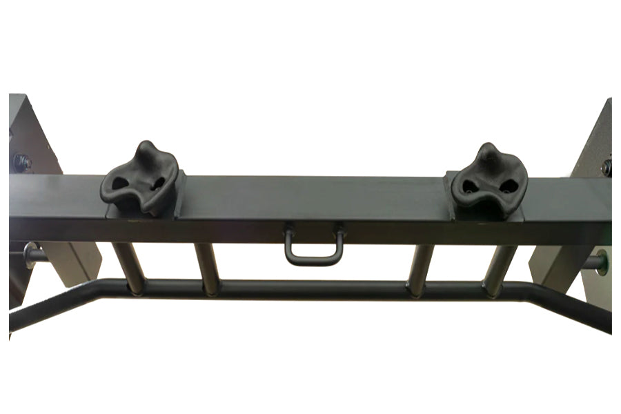 Black metal power rack top rail with paw-shaped safety stops and attachment points on white background