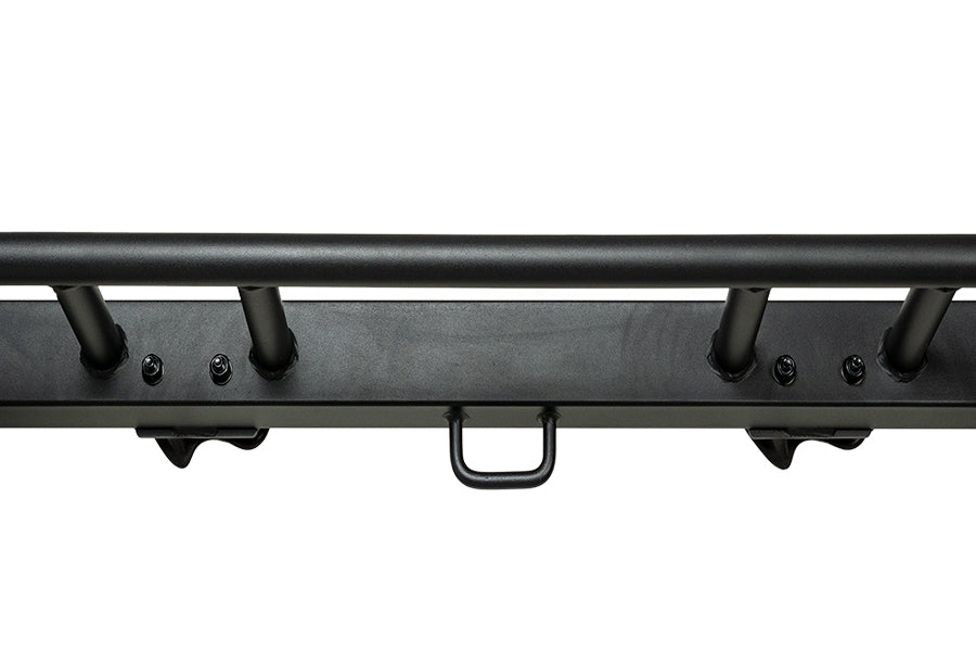 Black metal power rack horizontal bar with four mounting handles and center carry handle on white background