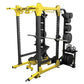 Warrior Pro Power Rack with yellow and black frame, black vertical uprights, weight plate storage pegs, and bar holders on wh