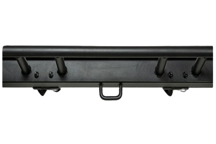 Black metal power rack top rail with multiple attachment points and mounting holes, isolated on white background