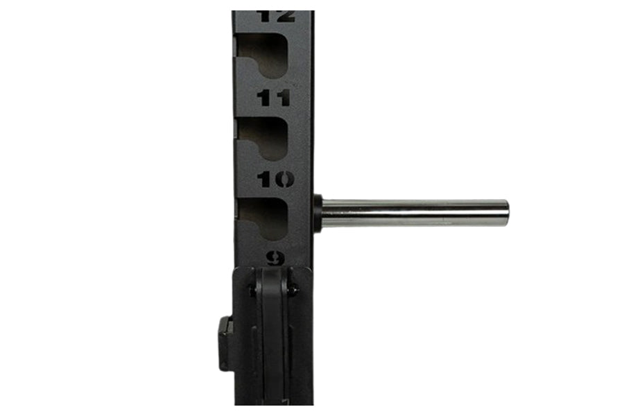 Black steel power rack uprights with numbered attachment holes and metal pin, shown on white background