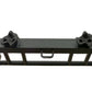 Black steel power rack front view with dual mounting pegs and attachment points on white background