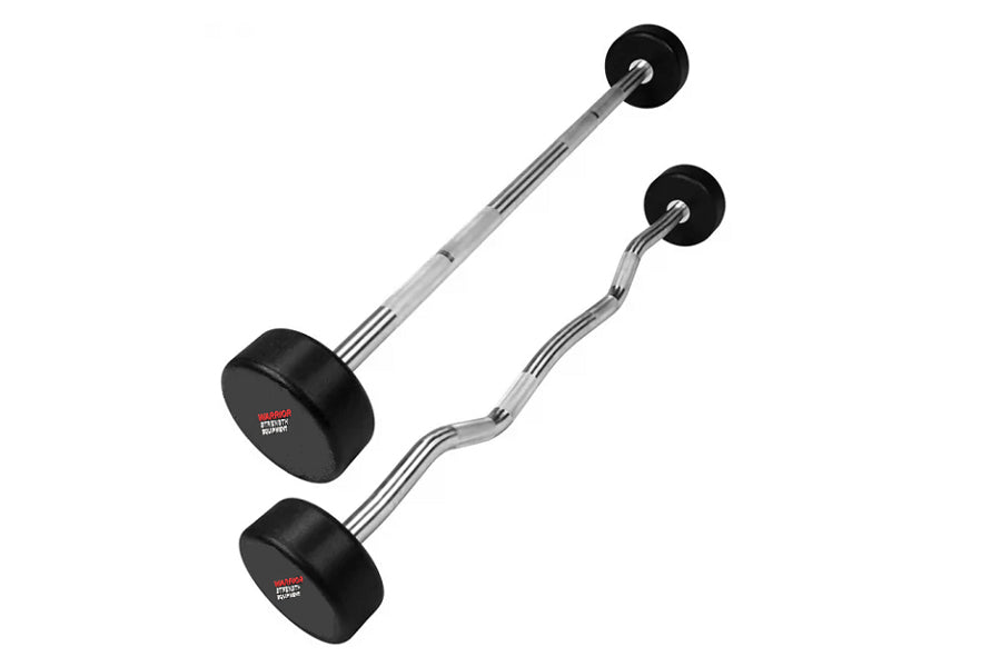 Warrior Urethane Pro-Style Fixed Barbells with black rubber-coated weights and chrome bars on white background