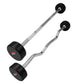 Pair of fixed barbells with black rubber-coated weights and curved chrome bars, on white background