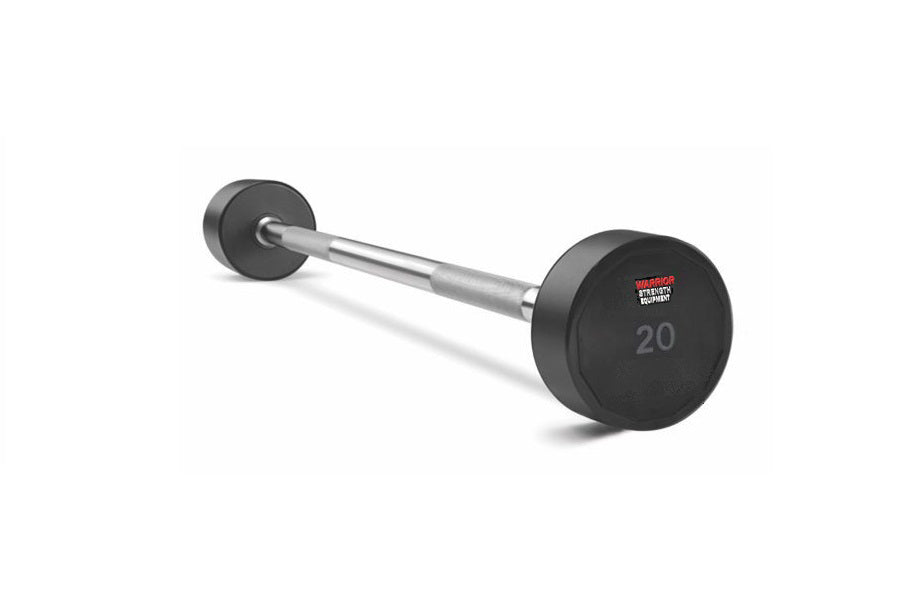 Warrior Pro-Style fixed barbell with 20-pound black rubber end plates and chrome bar on white background