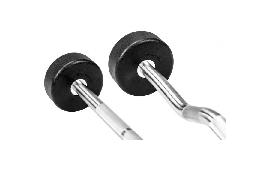Pair of Warrior Pro-Style fixed barbells with black rubber plates and chrome handles on white background