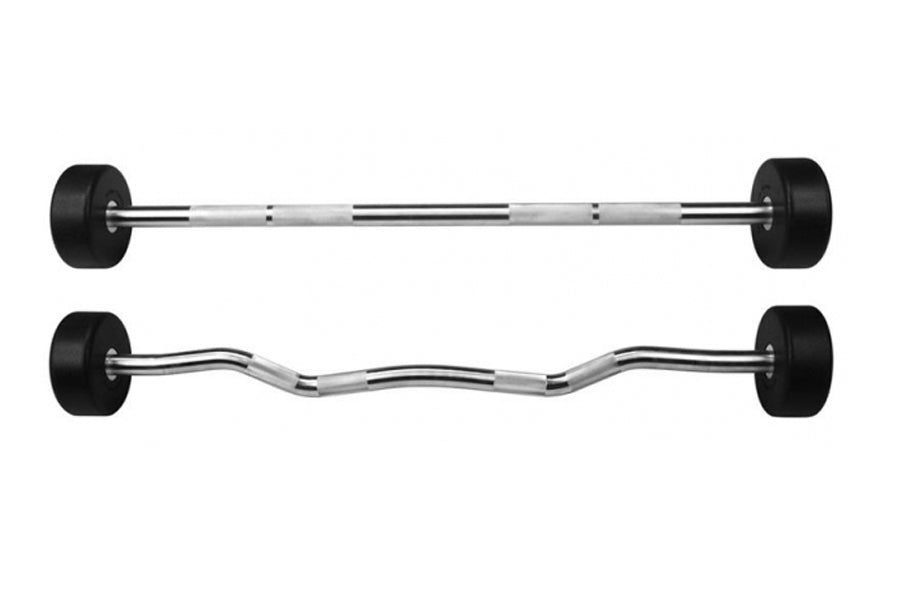Straight and curved chrome barbells with black rubber end plates, displayed on white background