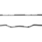 Pair of fixed barbells with black rubber plates and chrome steel bars, one straight and one curved, on white background