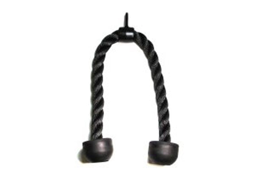 Black tricep pressdown rope with twisted design and rubber ends on white background