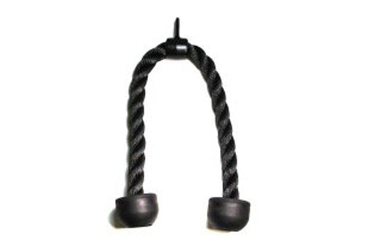 Black tricep pressdown rope with twisted design and rubber ends on white background