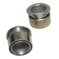 Pair of metal quick release weightlifting collars with silver and brass finishes on white background