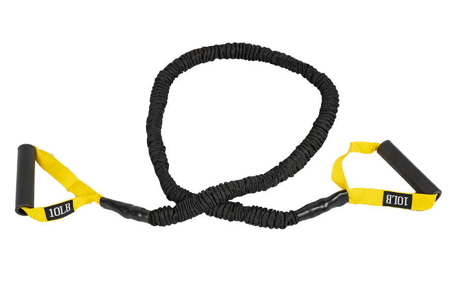 Black and yellow resistance tube with dual handles, textured grip, and "10LB" weight label on white background
