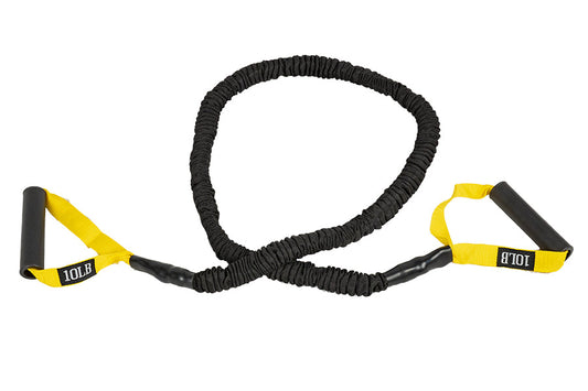 Black and yellow resistance tube with dual handles, textured grip, and "10LB" weight label on white background