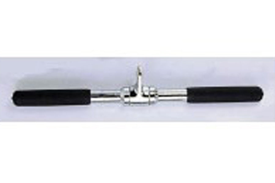 Warrior Revolving 20-inch solid straight bar with chrome shaft and black foam grips, flat lay on light background
