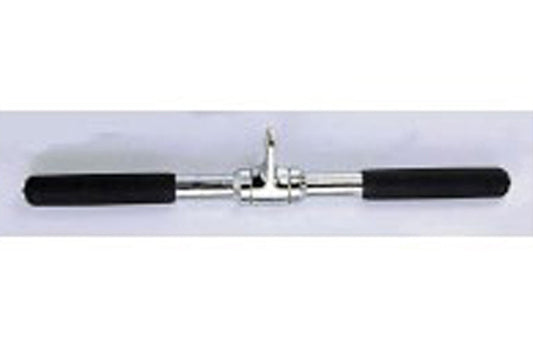 Warrior Revolving 20-inch solid straight bar with chrome shaft and black foam grips, flat lay on light background