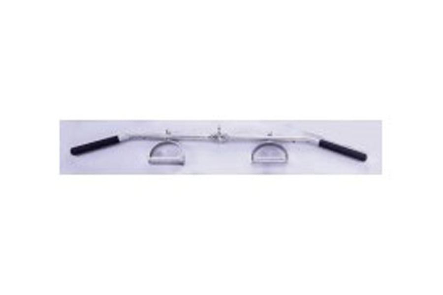 Warrior Revolving 48-inch solid super lat bar with chrome center and black grip handles on white background