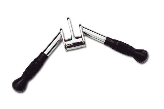Warrior Revolving Solid Ergo Tricep Press Down Bar with chrome swivel heads and black rubber handles on white background