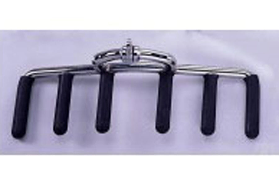 Metal lat pull attachment with six black grip handles and chrome frame on lavender background