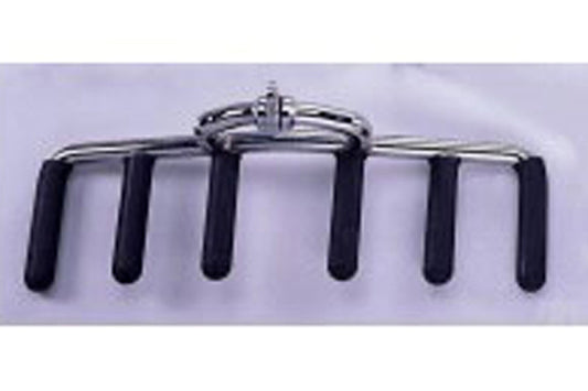 Metal lat pull attachment with six black grip handles and chrome frame on lavender background