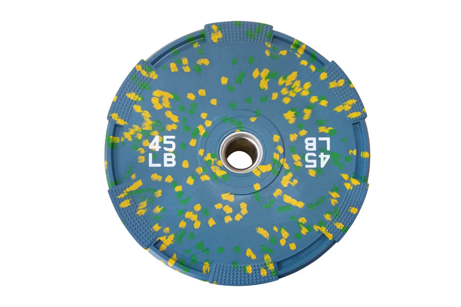 Warrior Fleck Easy-Grip 45 lb rubber bumper plate with yellow and green speckle pattern on blue background, top view