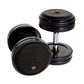Pair of black rubber-encased fixed dumbbells with chrome handles, 35-pound weight marked in yellow, on white background